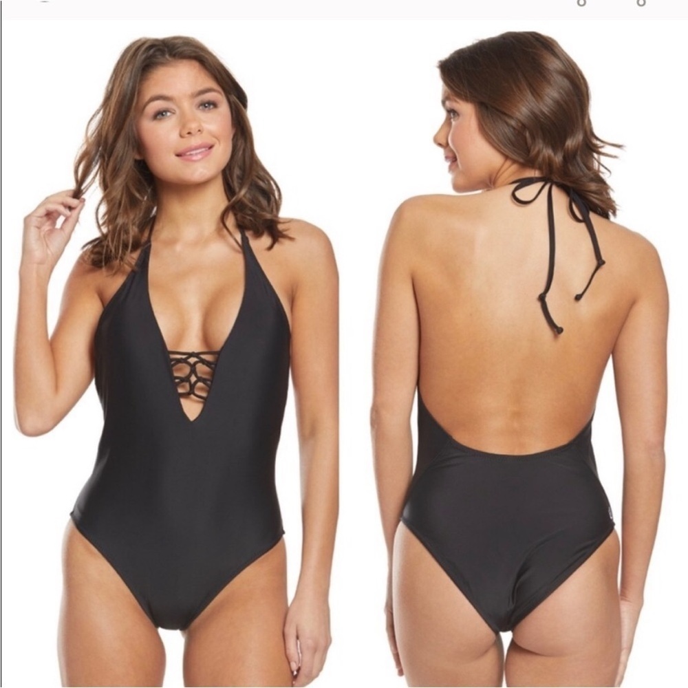Volcom sexy one piece swimsuit black low back halter plunging v Like New